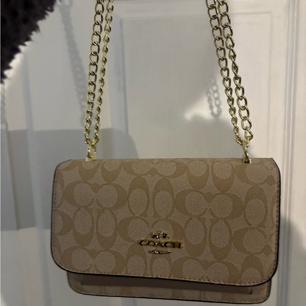 Coach Beige Crossbody Bag with Gold Chain